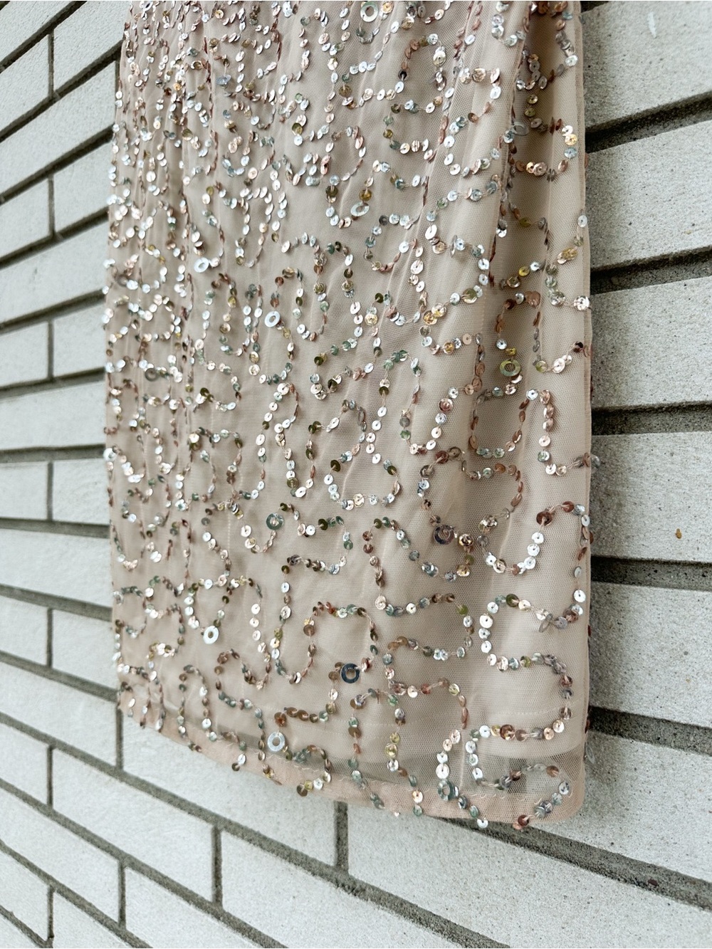 Adrianna Papell 10 Champagne Sequin Beaded Mesh Cocktail Sheath Party Dress - Picture 5 of 11